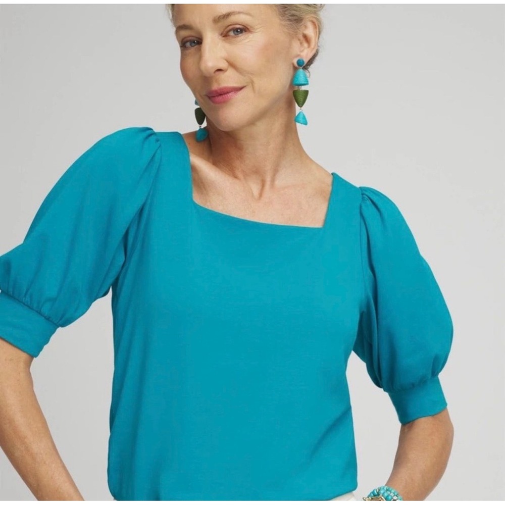 Chicos Square Neck Puff Sleeve Knit Top Peacock Blue Cotton Blend Size 1 M NEW